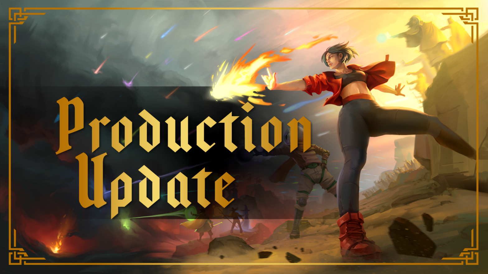 Production Update text with a background of wizards casting spells against an ominous cloud